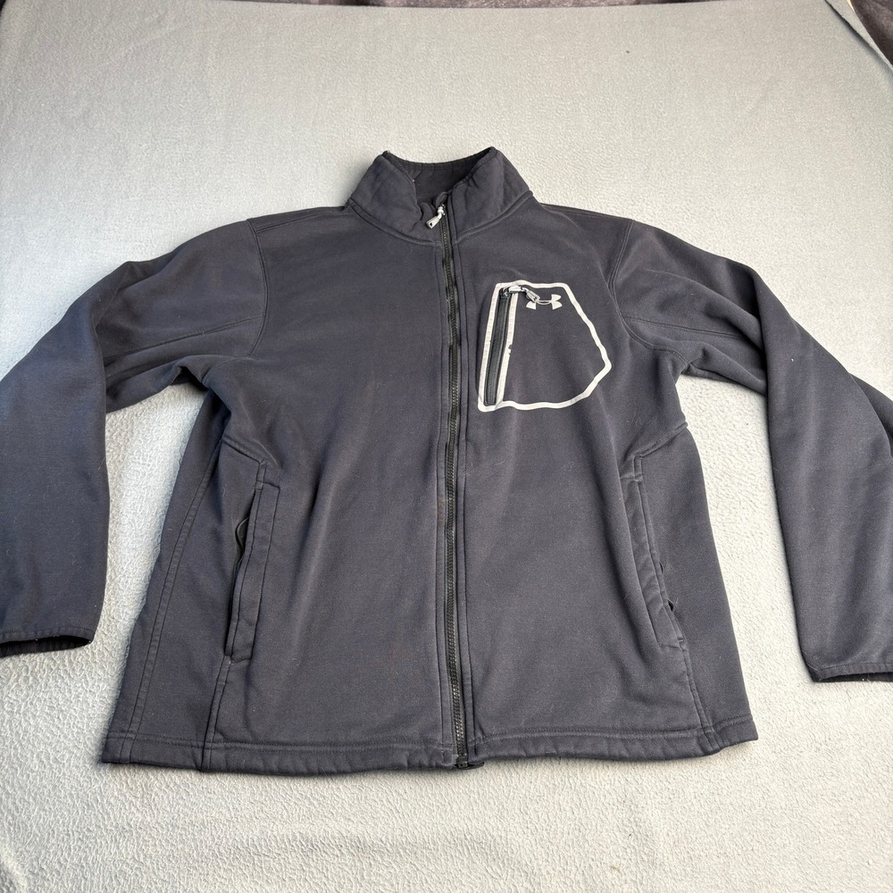Under Armour Mens Large Black Full Zip Fleece Jacket Mock Neck Chest Pocket